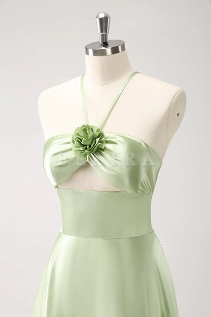 Beaira Light Green A Line Halter Hollow Out Satin Bridesmaid Dress with Flower Bridesmaid dress shop