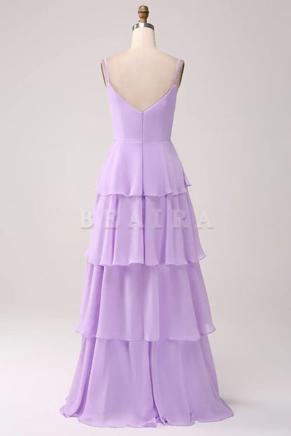 Beaira Lilac A-Line Spaghetti Straps Tiered Floor Length Bridesmaid Dress With Slit Bridesmaid dress shop