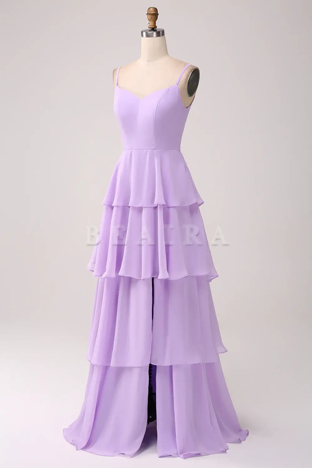 Beaira Lilac A-Line Spaghetti Straps Tiered Floor Length Bridesmaid Dress With Slit Bridesmaid dress shop