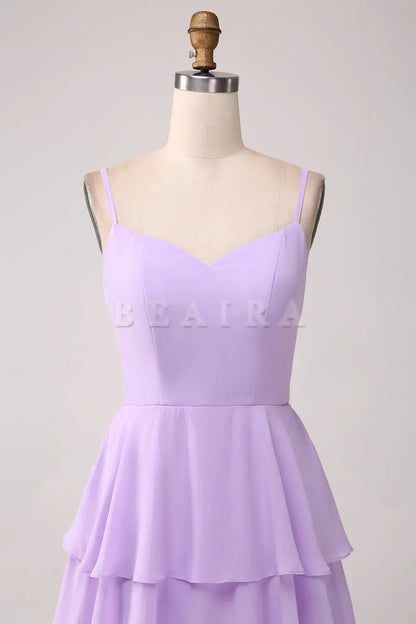 Beaira Lilac A-Line Spaghetti Straps Tiered Floor Length Bridesmaid Dress With Slit Bridesmaid dress shop