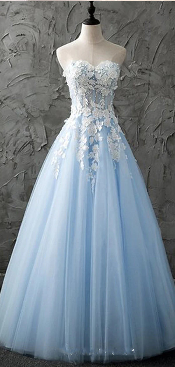 Strapless Sleeveless A-Line Sweetheart Tulle Prom Dresses With Appliques