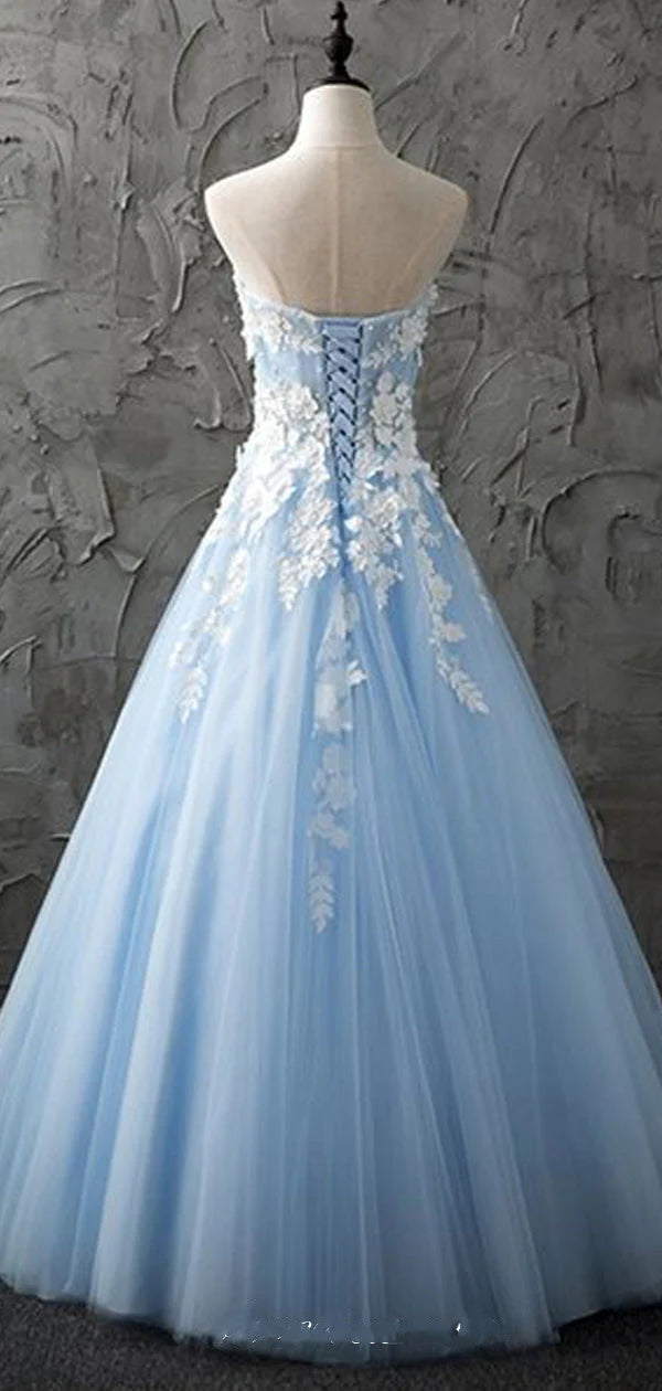 Strapless Sleeveless A-Line Sweetheart Tulle Prom Dresses With Appliques