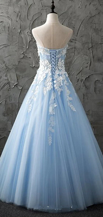 Strapless Sleeveless A-Line Sweetheart Tulle Prom Dresses With Appliques