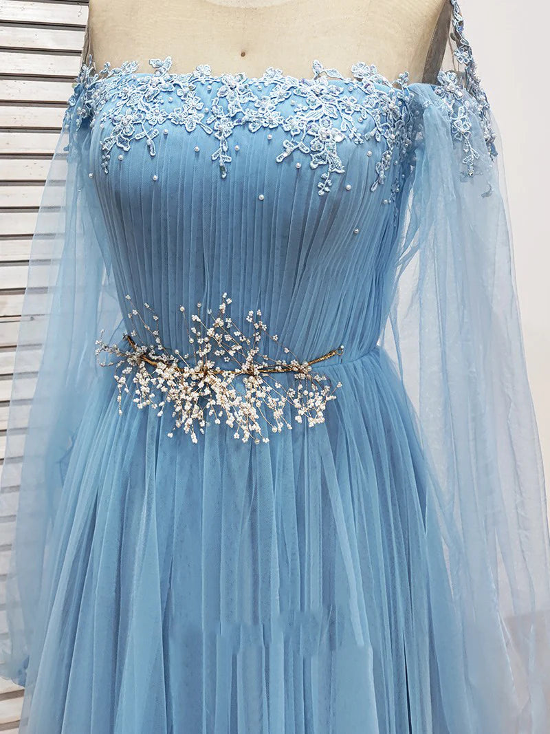 Long Sleeve Tulle Prom Dresses with High Split Beaded Crystal Fashion Evening Dresses