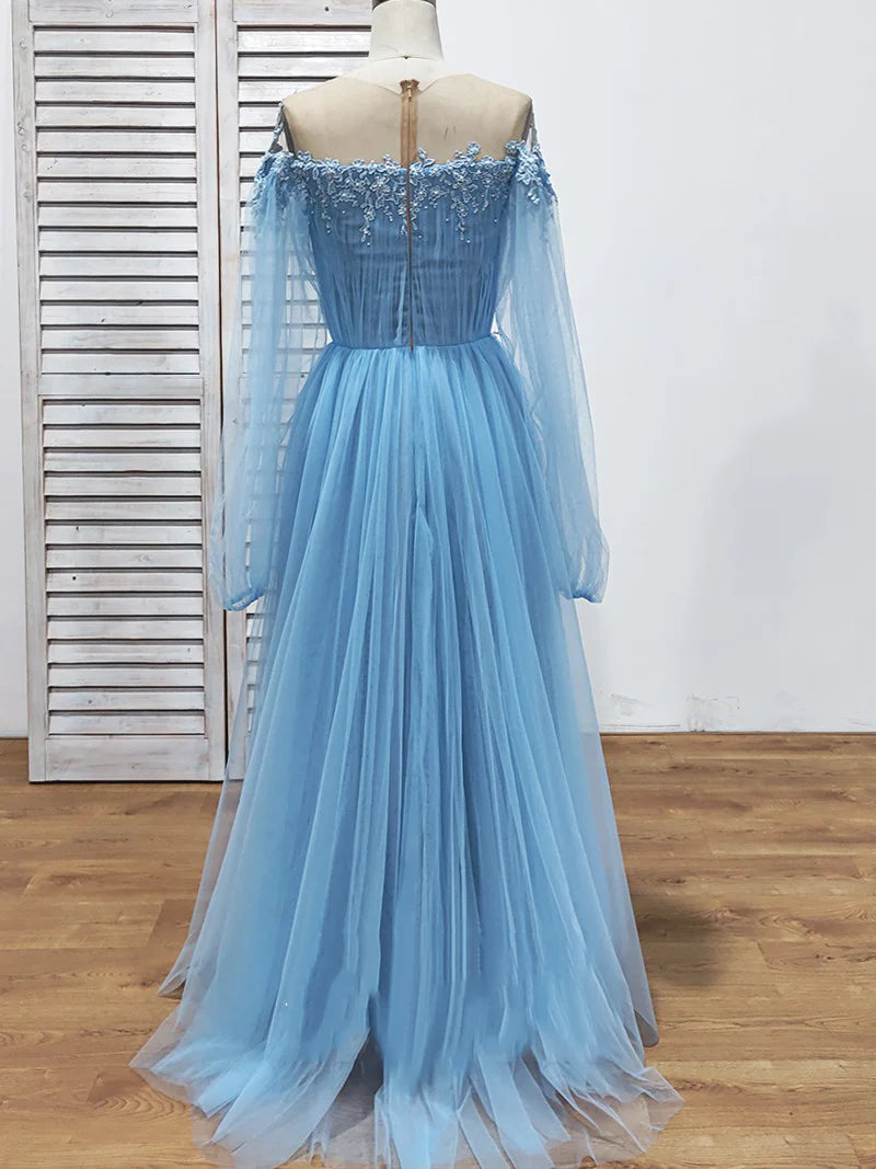 Long Sleeve Tulle Prom Dresses with High Split Beaded Crystal Fashion Evening Dresses