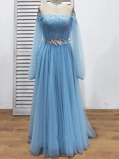 Long Sleeve Tulle Prom Dresses with High Split Beaded Crystal Fashion Evening Dresses