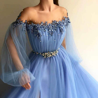 Long Sleeve Tulle Prom Dresses with High Split Beaded Crystal Fashion Evening Dresses