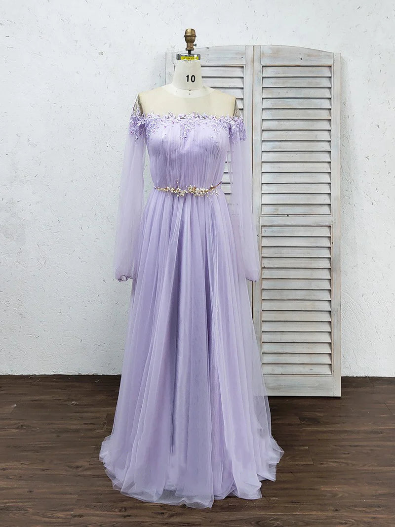 Long Sleeve Tulle Prom Dresses with High Split Beaded Crystal Fashion Evening Dresses