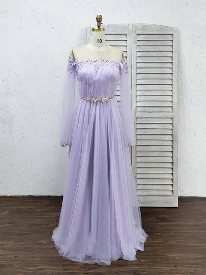 Long Sleeve Tulle Prom Dresses with High Split Beaded Crystal Fashion Evening Dresses