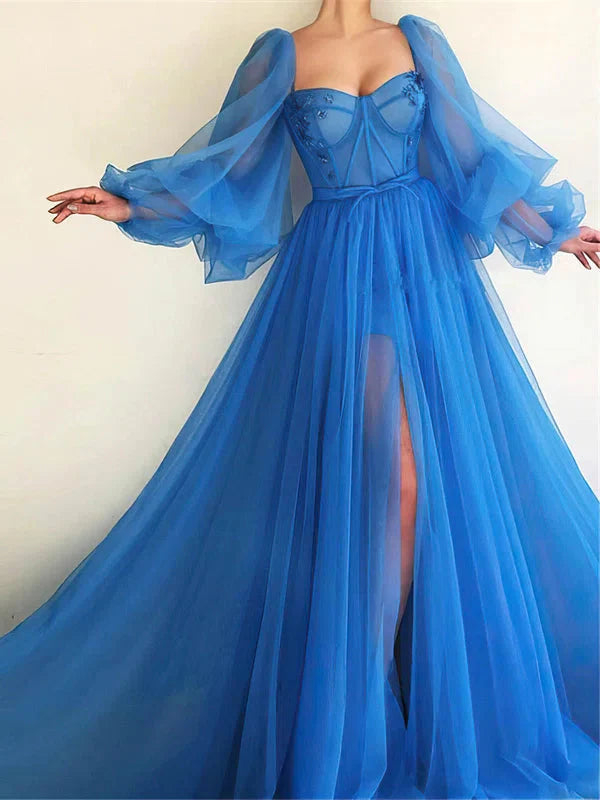 A Line Tulle Floor-Length Prom Dresses With Slit