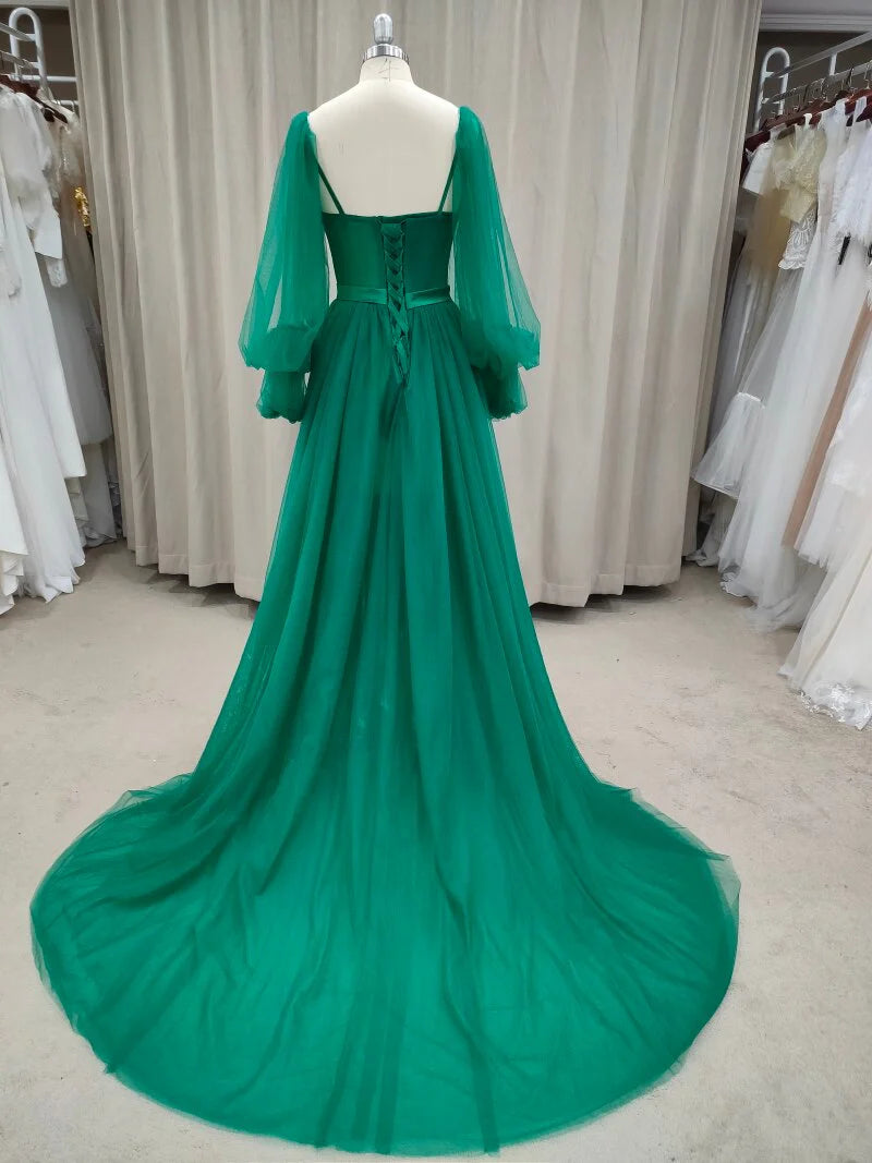 A Line Tulle Floor-Length Prom Dresses With Slit