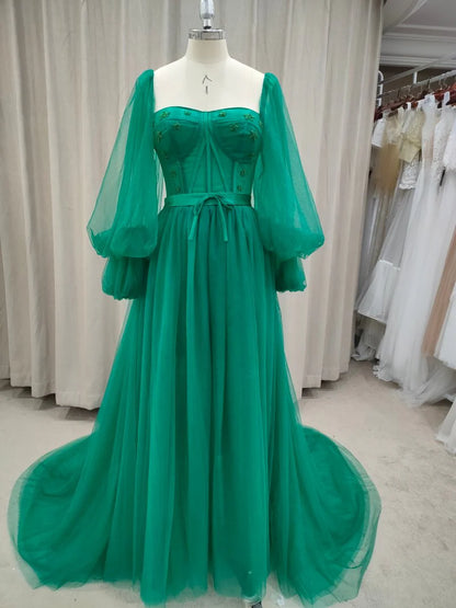 A Line Tulle Floor-Length Prom Dresses With Slit