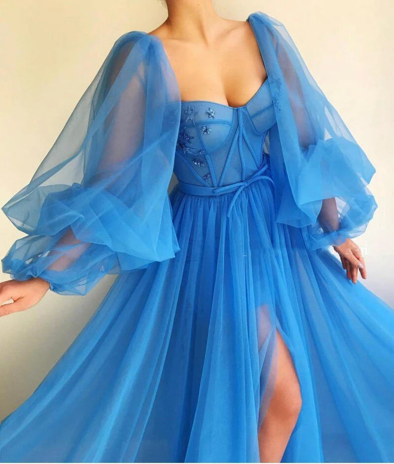 A Line Tulle Floor-Length Prom Dresses With Slit
