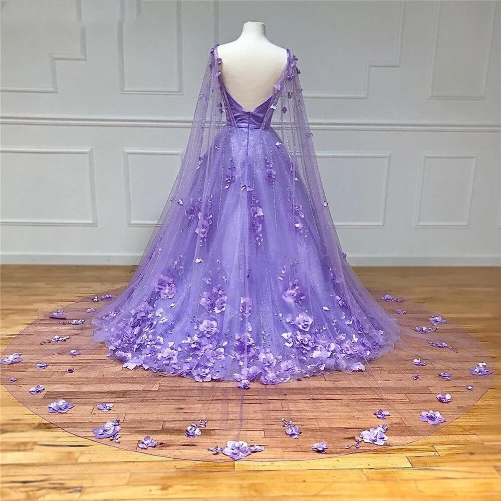 Luxury Ball Gown Tulle Spaghetti Straps 3D Flower Prom Dresses with Cape