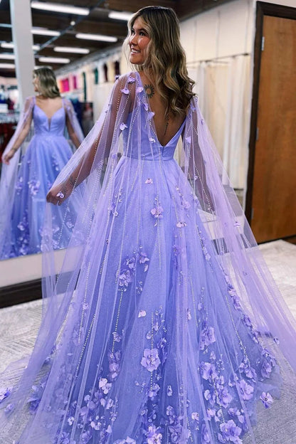 Luxury Ball Gown Tulle Spaghetti Straps 3D Flower Prom Dresses with Cape