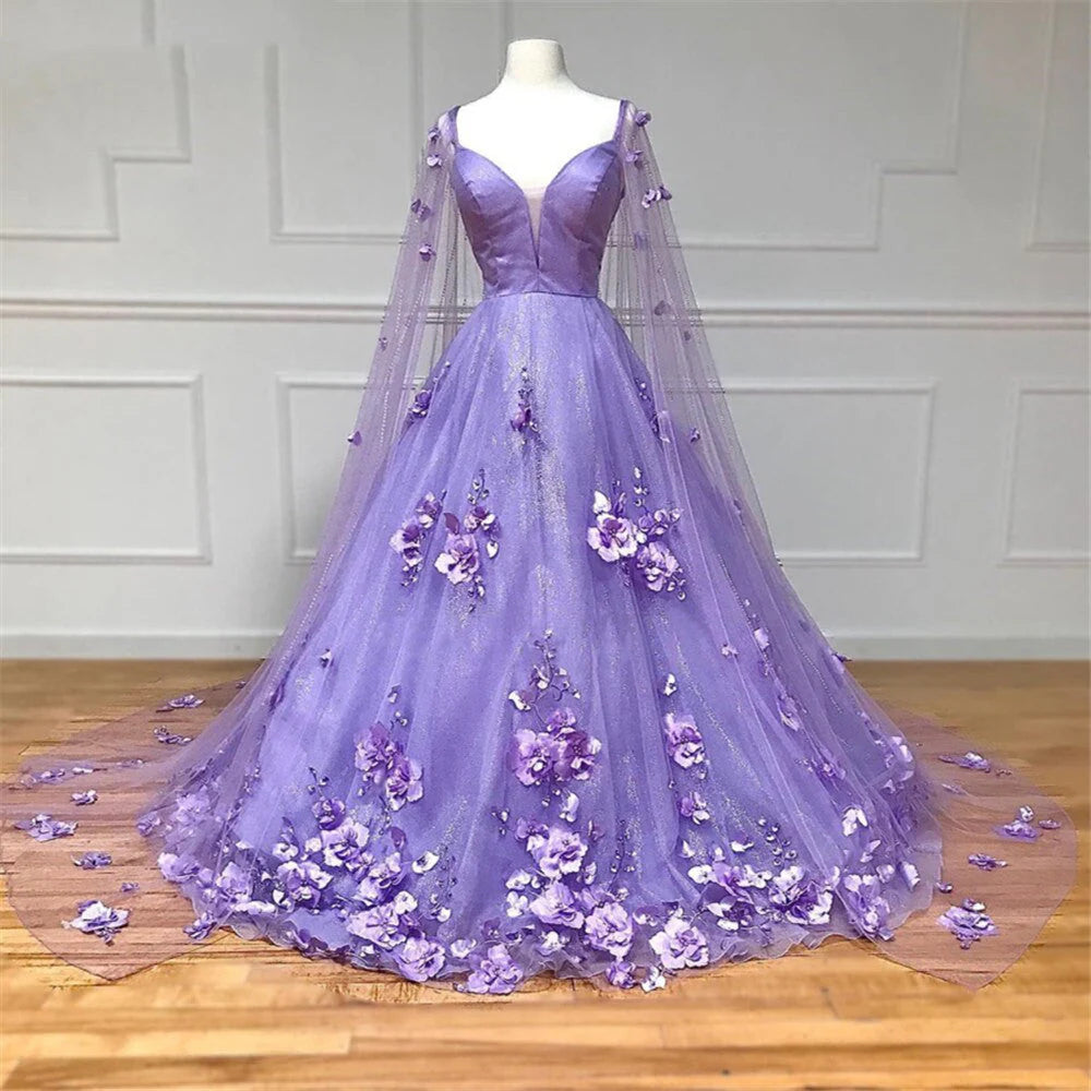 Luxury Ball Gown Tulle Spaghetti Straps 3D Flower Prom Dresses with Cape