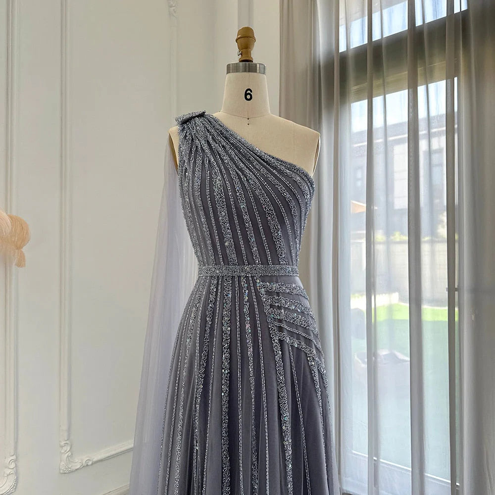 Luxury One Shoulder Tulle Beaded Slit Prom Dress with Cape