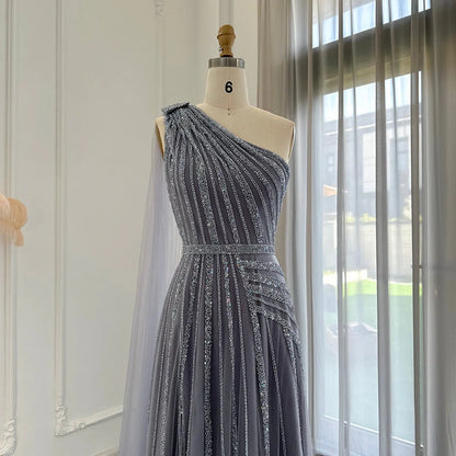 Luxury One Shoulder Tulle Beaded Slit Prom Dress with Cape