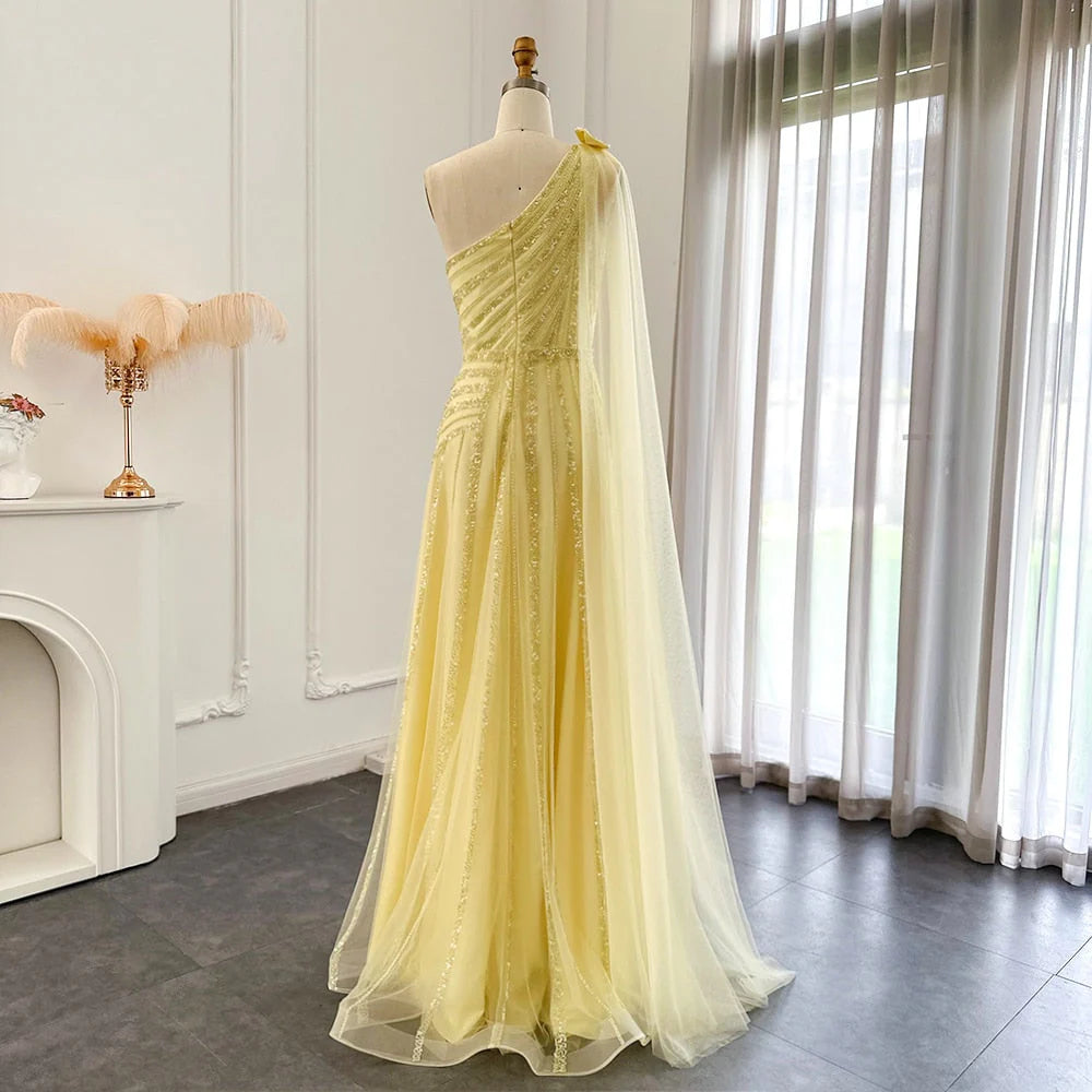 Luxury One Shoulder Tulle Beaded Slit Prom Dress with Cape