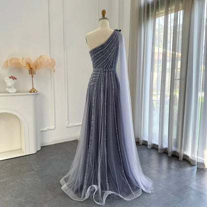 Luxury One Shoulder Tulle Beaded Slit Prom Dress with Cape