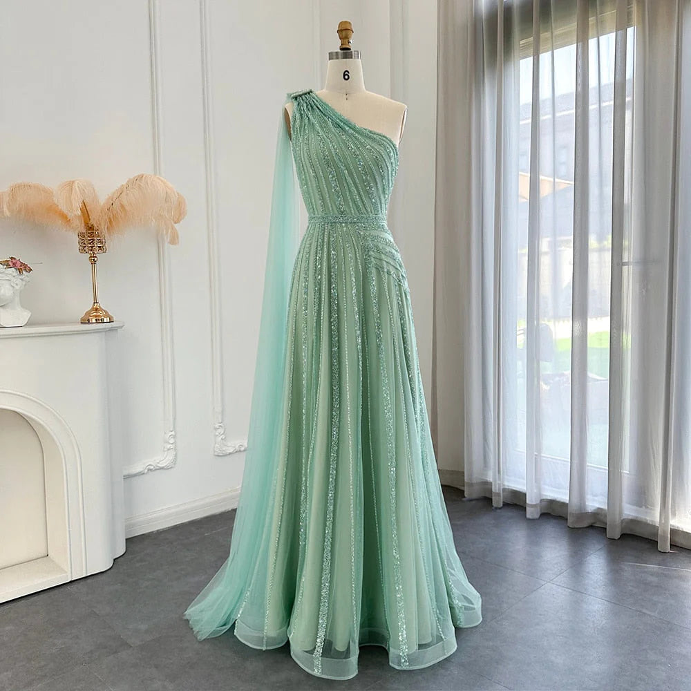 Luxury One Shoulder Tulle Beaded Slit Prom Dress with Cape