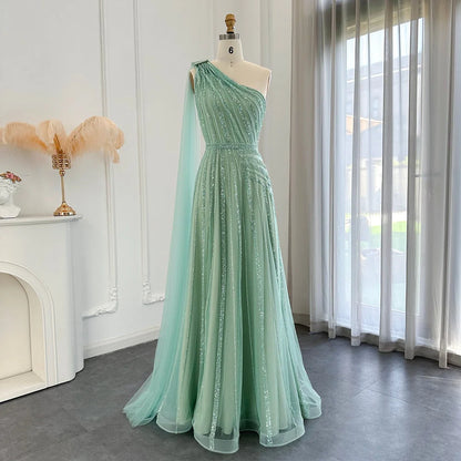 Luxury One Shoulder Tulle Beaded Slit Prom Dress with Cape