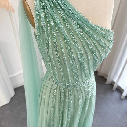 Luxury One Shoulder Tulle Beaded Slit Prom Dress with Cape