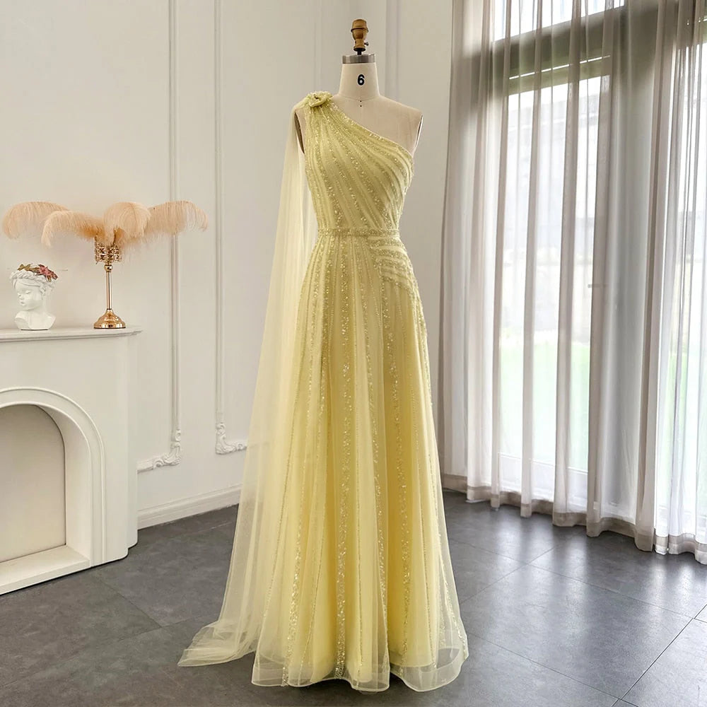 Luxury One Shoulder Tulle Beaded Slit Prom Dress with Cape
