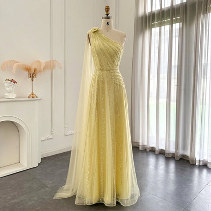 Luxury One Shoulder Tulle Beaded Slit Prom Dress with Cape