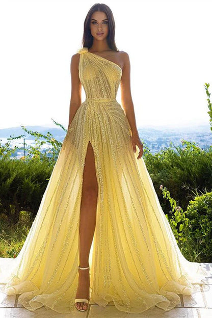 Luxury One Shoulder Tulle Beaded Slit Prom Dress with Cape