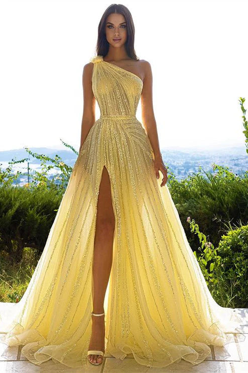 Luxury One Shoulder Tulle Beaded Slit Prom Dress with Cape