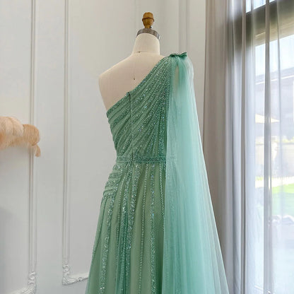 Luxury One Shoulder Tulle Beaded Slit Prom Dress with Cape