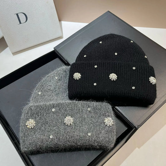 Beaira Luxury Rhinstone Real Rabbit Fur Knitted Hats for Women Winter Warm Wool Skullies Beanies Lady Casual Beanie Bonnet Skiing Cap