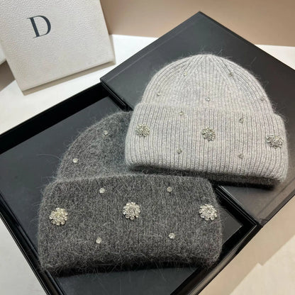 Beaira Luxury Rhinstone Real Rabbit Fur Knitted Hats for Women Winter Warm Wool Skullies Beanies Lady Casual Beanie Bonnet Skiing Cap