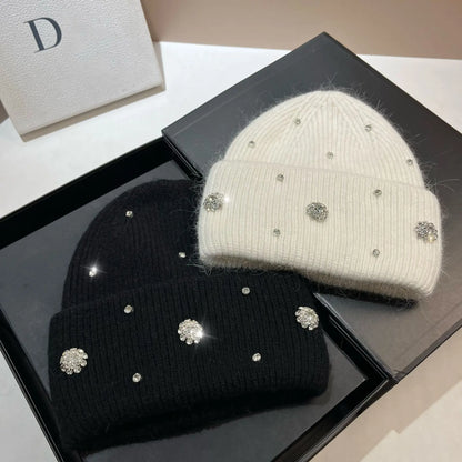 Beaira Luxury Rhinstone Real Rabbit Fur Knitted Hats for Women Winter Warm Wool Skullies Beanies Lady Casual Beanie Bonnet Skiing Cap
