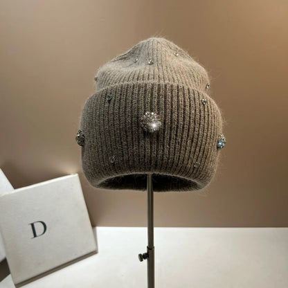 Beaira Luxury Rhinstone Real Rabbit Fur Knitted Hats for Women Winter Warm Wool Skullies Beanies Lady Casual Beanie Bonnet Skiing Cap