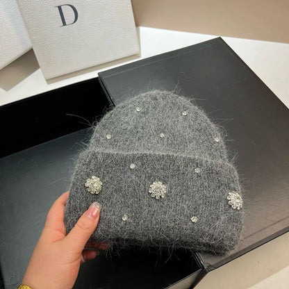 Beaira Luxury Rhinstone Real Rabbit Fur Knitted Hats for Women Winter Warm Wool Skullies Beanies Lady Casual Beanie Bonnet Skiing Cap