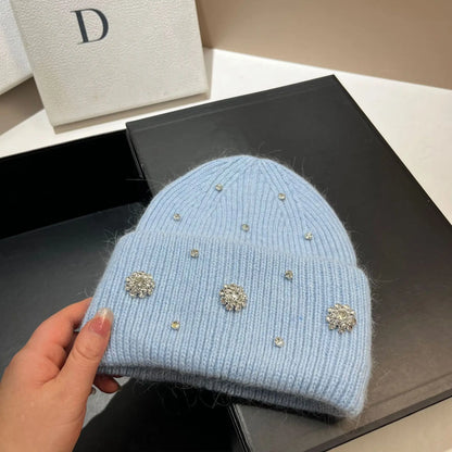 Beaira Luxury Rhinstone Real Rabbit Fur Knitted Hats for Women Winter Warm Wool Skullies Beanies Lady Casual Beanie Bonnet Skiing Cap