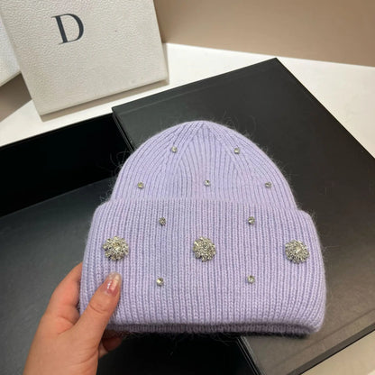 Beaira Luxury Rhinstone Real Rabbit Fur Knitted Hats for Women Winter Warm Wool Skullies Beanies Lady Casual Beanie Bonnet Skiing Cap