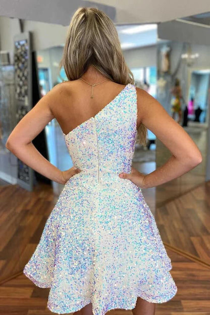 A-Line One-Shoulder Sleeveless Sequins Ruffles Homecoming Dresses