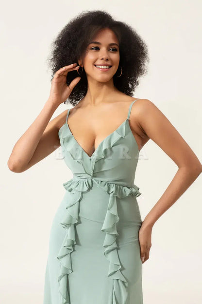 Beaira Matcha A-Line Spaghetti Straps Chiffon Bridesmaid Dress With Ruffles Bridesmaid dress shop