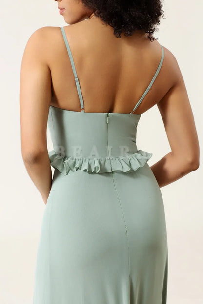 Beaira Matcha A-Line Spaghetti Straps Chiffon Bridesmaid Dress With Ruffles Bridesmaid dress shop