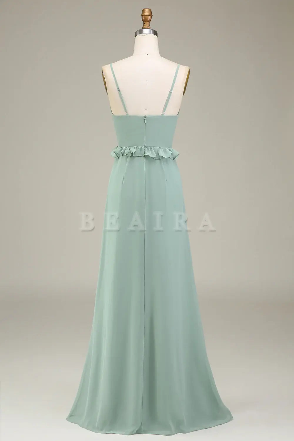 Beaira Matcha A-Line Spaghetti Straps Chiffon Bridesmaid Dress With Ruffles Bridesmaid dress shop