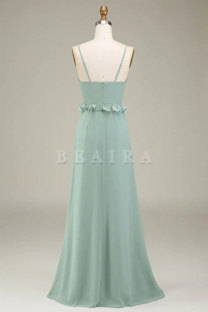 Beaira Matcha A-Line Spaghetti Straps Chiffon Bridesmaid Dress With Ruffles Bridesmaid dress shop