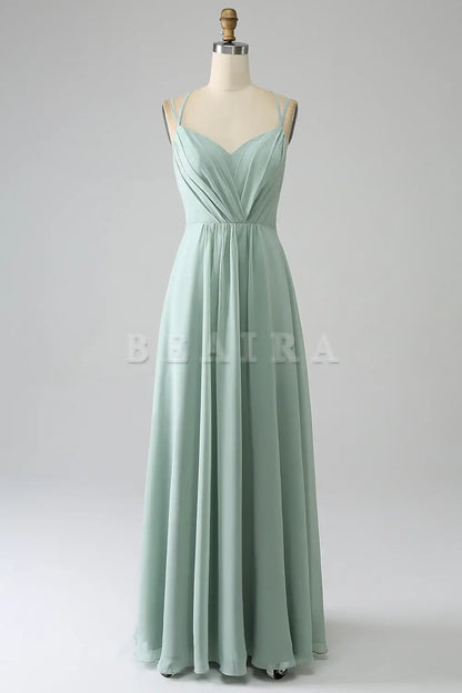 Beaira Matcha A-Line Spaghetti Straps Pleated Chiffon Floor Length Bridesmaid Dress Bridesmaid dress shop