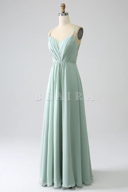 Beaira Matcha A-Line Spaghetti Straps Pleated Chiffon Floor Length Bridesmaid Dress Bridesmaid dress shop