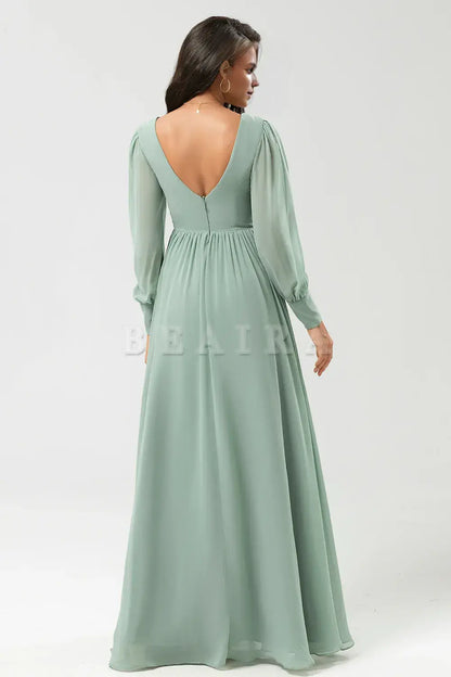 Beaira Matcha A Line Chiffon Ruffles Long Bridesmaid Dress with Slit Bridesmaid dress shop