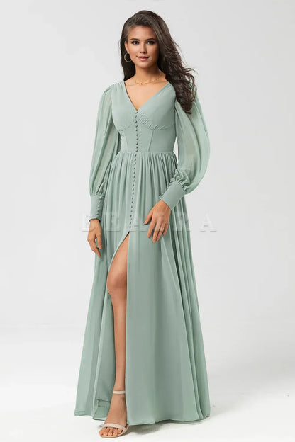 Beaira Matcha A Line Chiffon Ruffles Long Bridesmaid Dress with Slit Bridesmaid dress shop