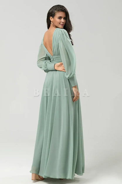 Beaira Matcha A Line Detachable Chiffon Bridesmaid Dress With Long Sleeves Bridesmaid dress shop