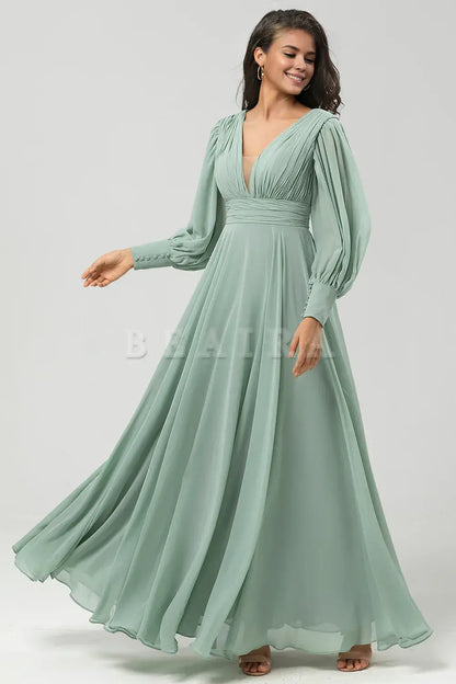 Beaira Matcha A Line Detachable Chiffon Bridesmaid Dress With Long Sleeves Bridesmaid dress shop
